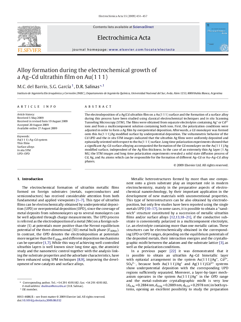 عکس صفحه اول مقاله: Alloy formation during the electrochemical growth of a Ag–Cd ultrathin film on Au(1 1 1) Alloy formation during the electrochemical growth of a Ag–Cd ultrathin film on Au(1 1 1)