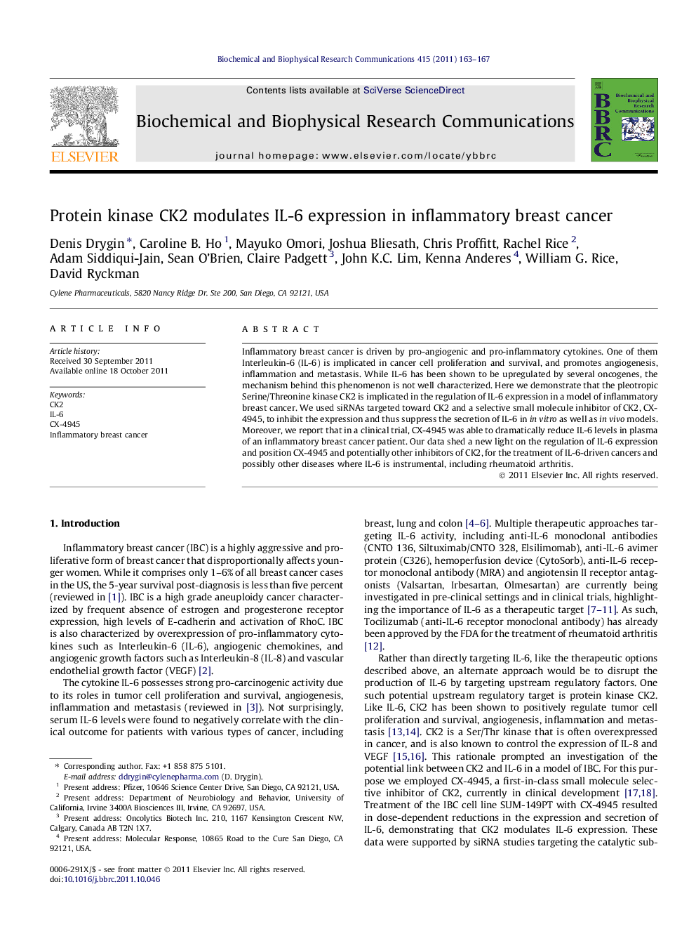 Protein kinase CK2 modulates IL-6 expression in inflammatory breast cancer