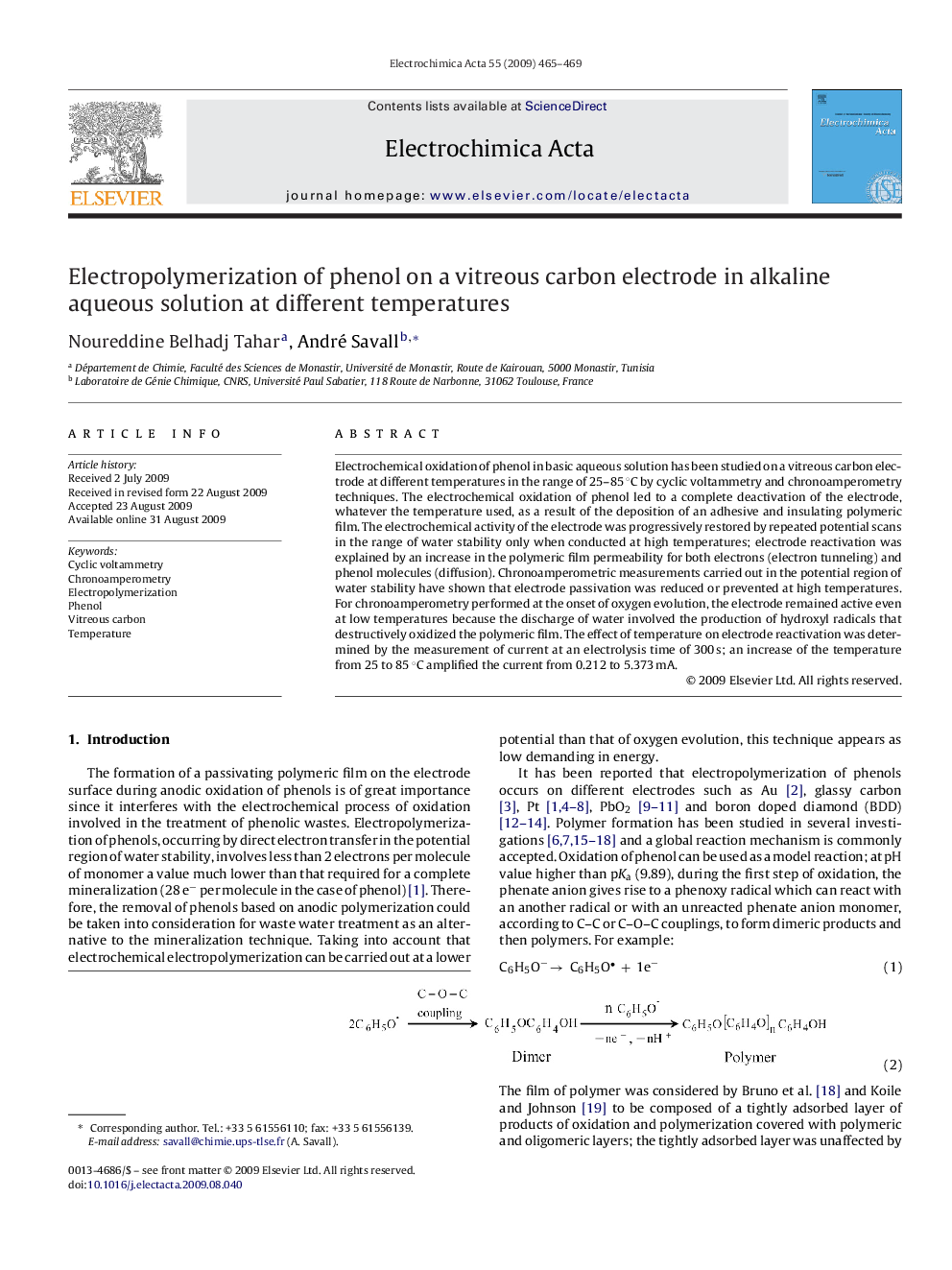 Electropolymerization of phenol on a vitreous carbon electrode in alkaline aqueous solution at different temperatures