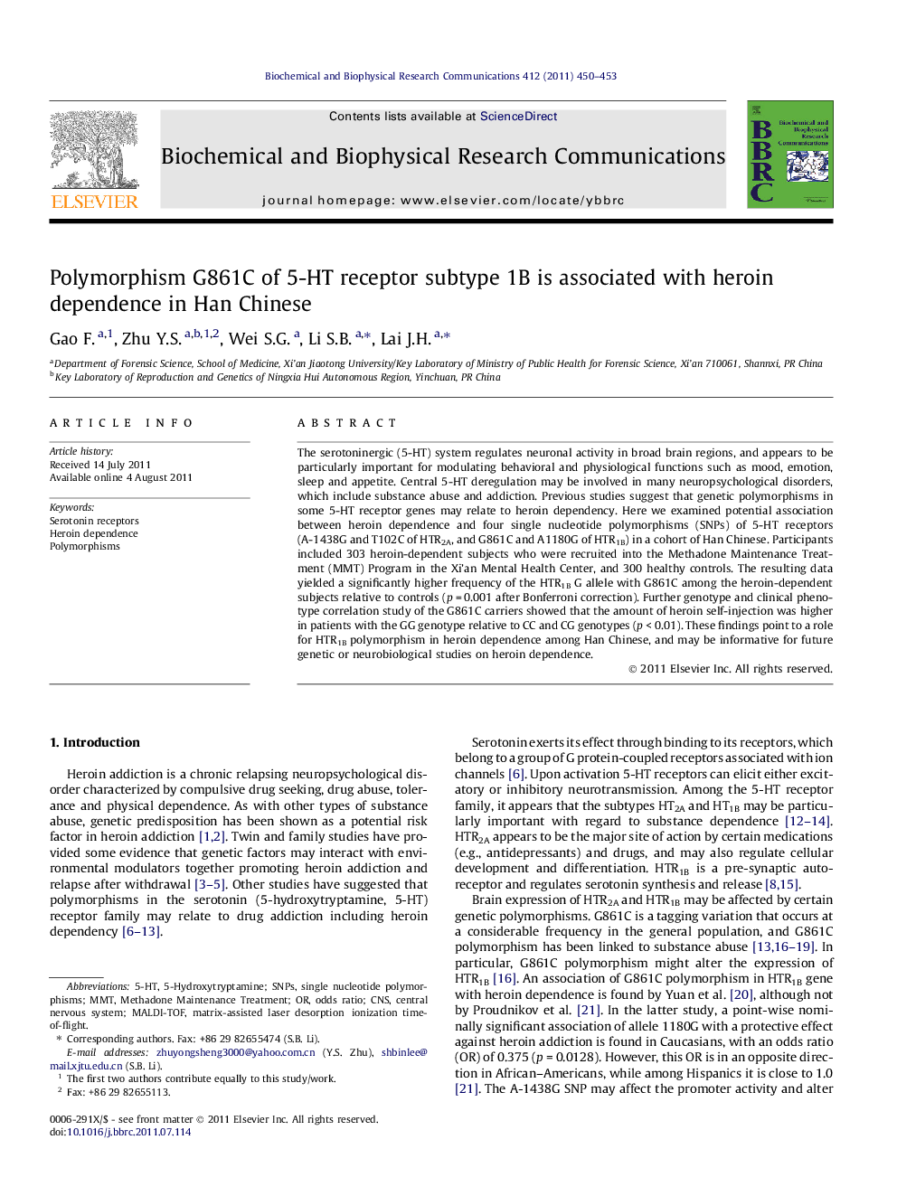 Polymorphism G861C of 5-HT receptor subtype 1B is associated with heroin dependence in Han Chinese