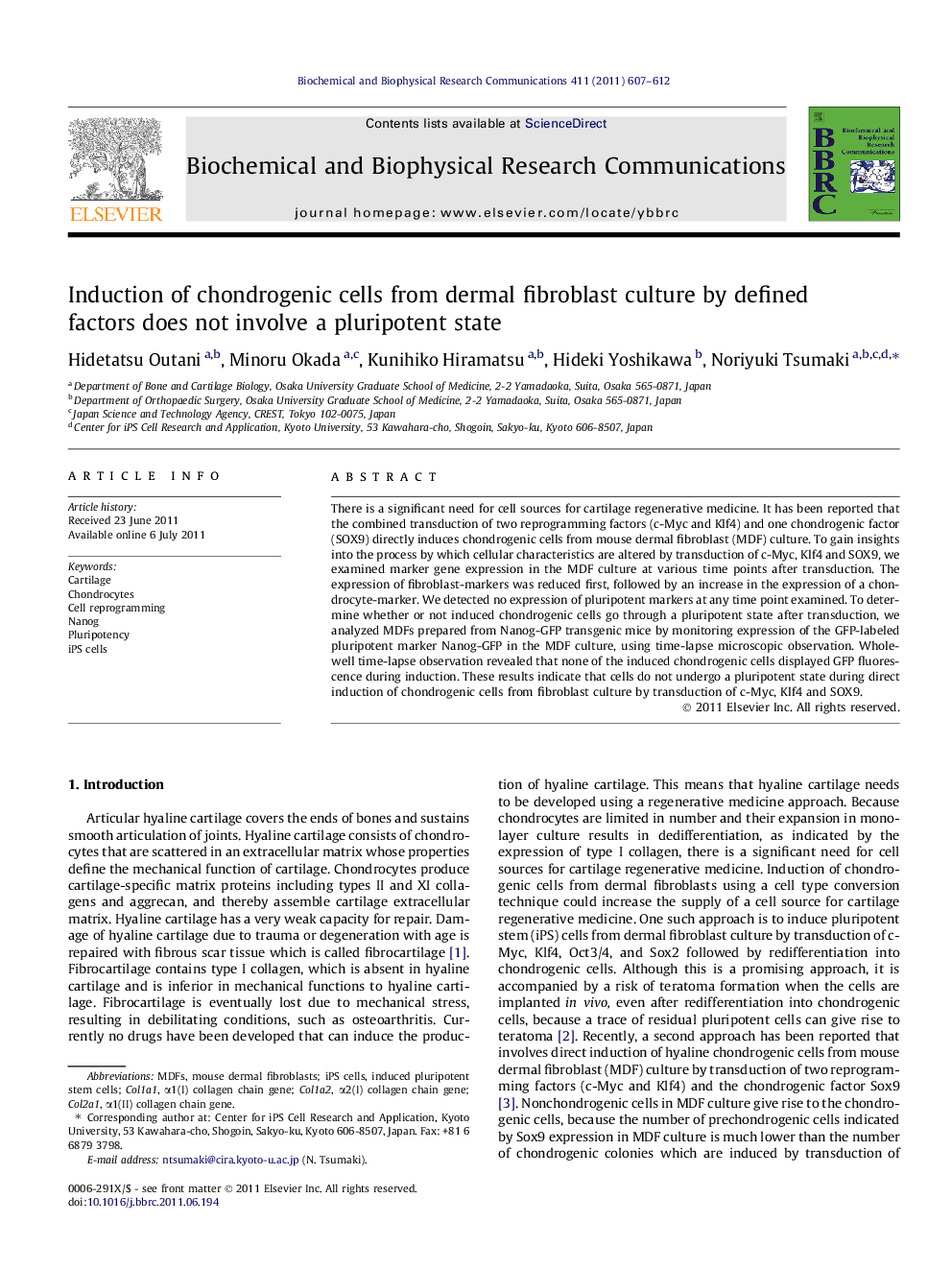 Induction of chondrogenic cells from dermal fibroblast culture by defined factors does not involve a pluripotent state