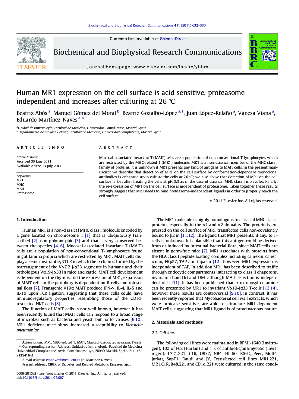 Human MR1 expression on the cell surface is acid sensitive, proteasome independent and increases after culturing at 26 °C