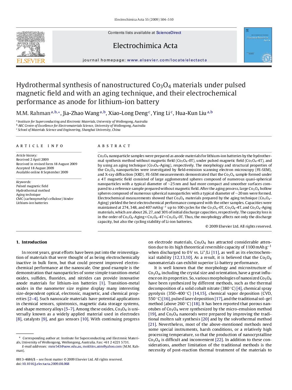 Hydrothermal synthesis of nanostructured Co3O4 materials under pulsed magnetic field and with an aging technique, and their electrochemical performance as anode for lithium-ion battery