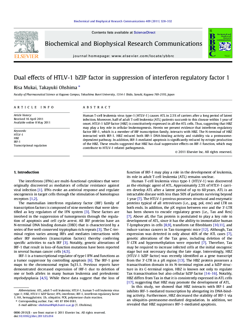 Dual effects of HTLV-1 bZIP factor in suppression of interferon regulatory factor 1