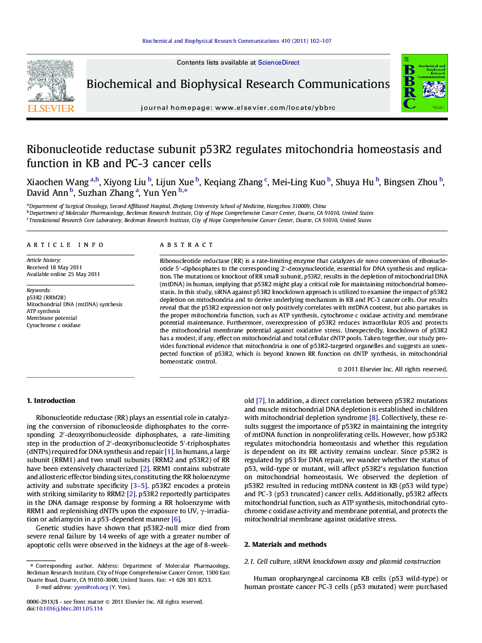 Ribonucleotide reductase subunit p53R2 regulates mitochondria homeostasis and function in KB and PC-3 cancer cells