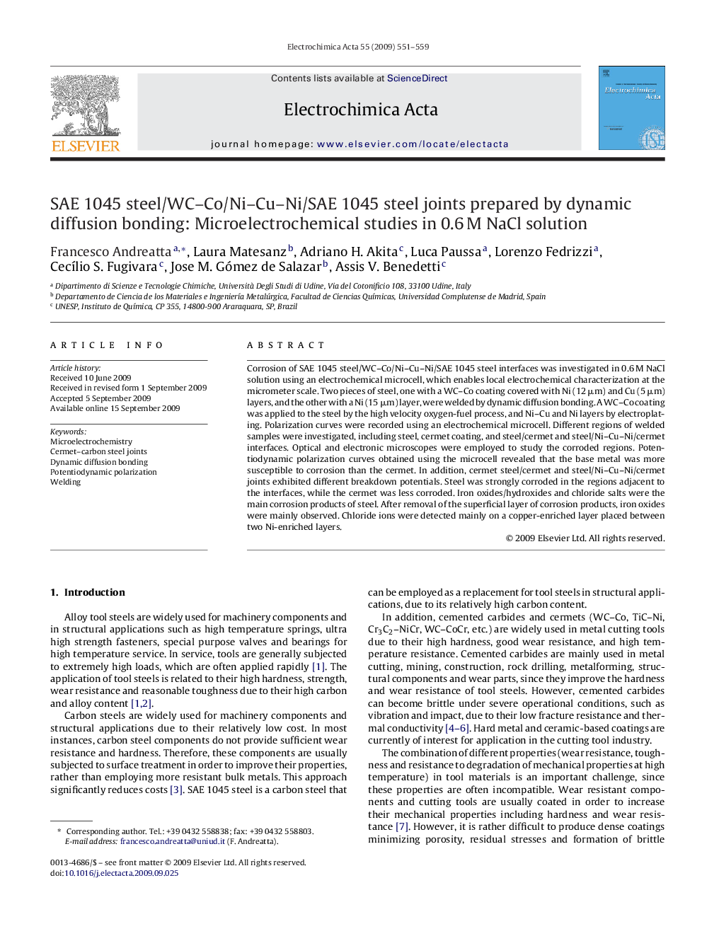 SAE 1045 steel/WC–Co/Ni–Cu–Ni/SAE 1045 steel joints prepared by dynamic diffusion bonding: Microelectrochemical studies in 0.6 M NaCl solution