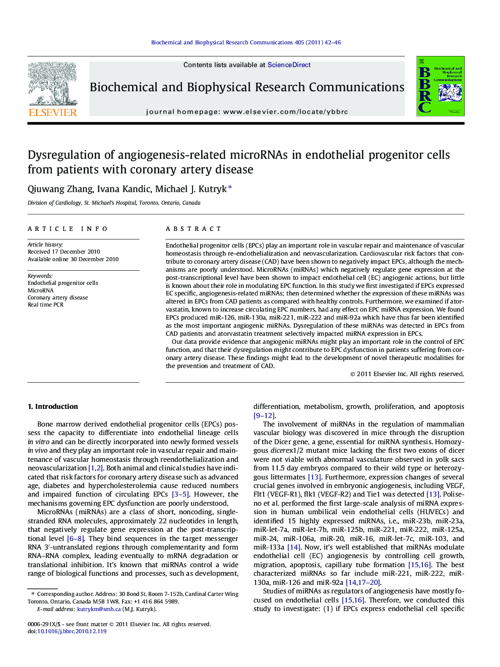 Dysregulation of angiogenesis-related microRNAs in endothelial progenitor cells from patients with coronary artery disease