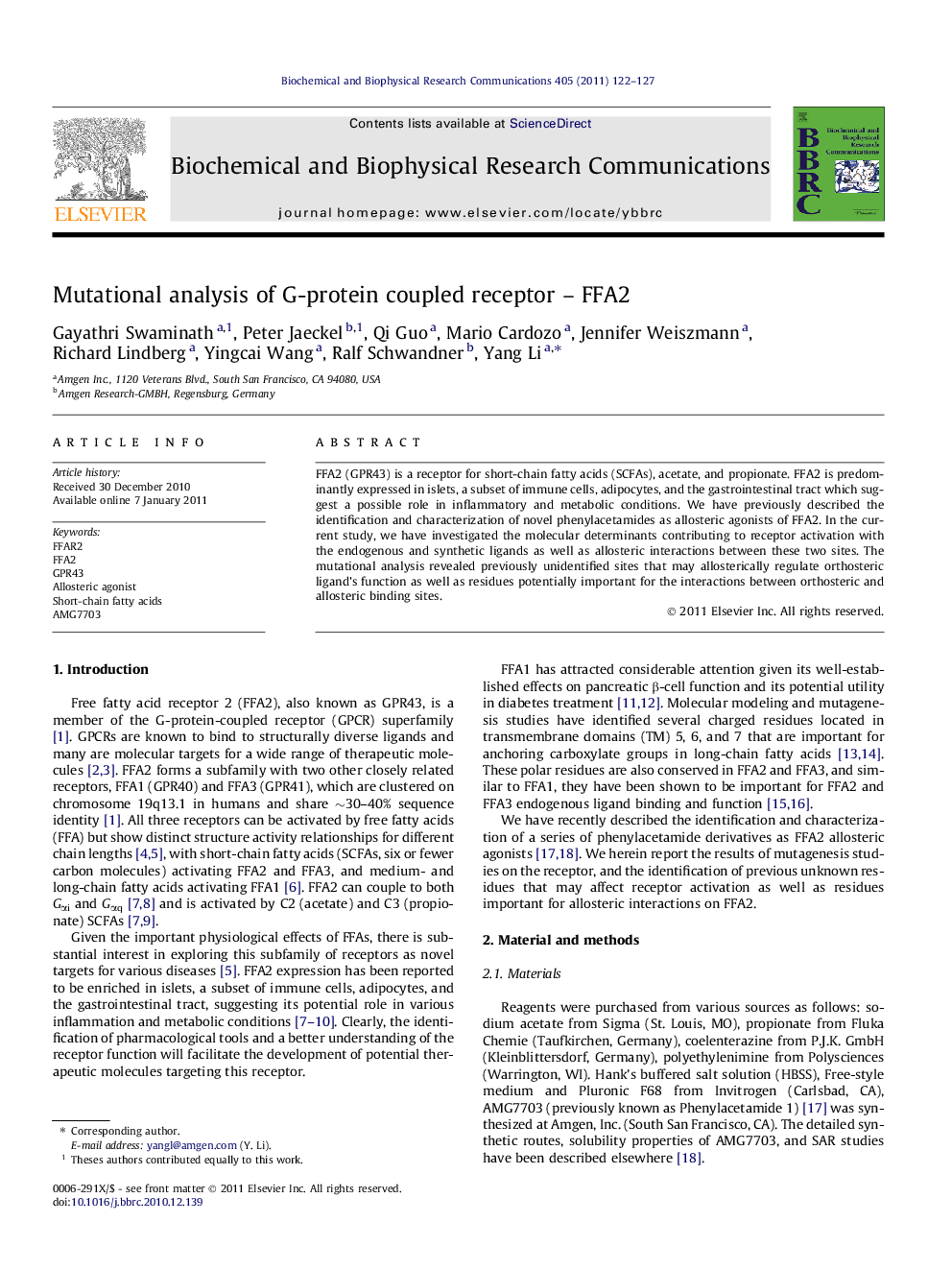 Mutational analysis of G-protein coupled receptor – FFA2