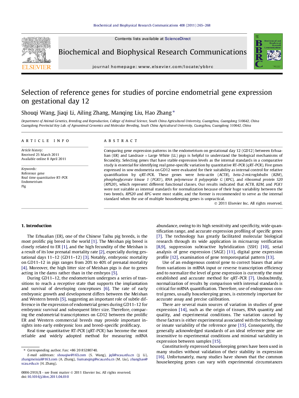 Selection of reference genes for studies of porcine endometrial gene expression on gestational day 12