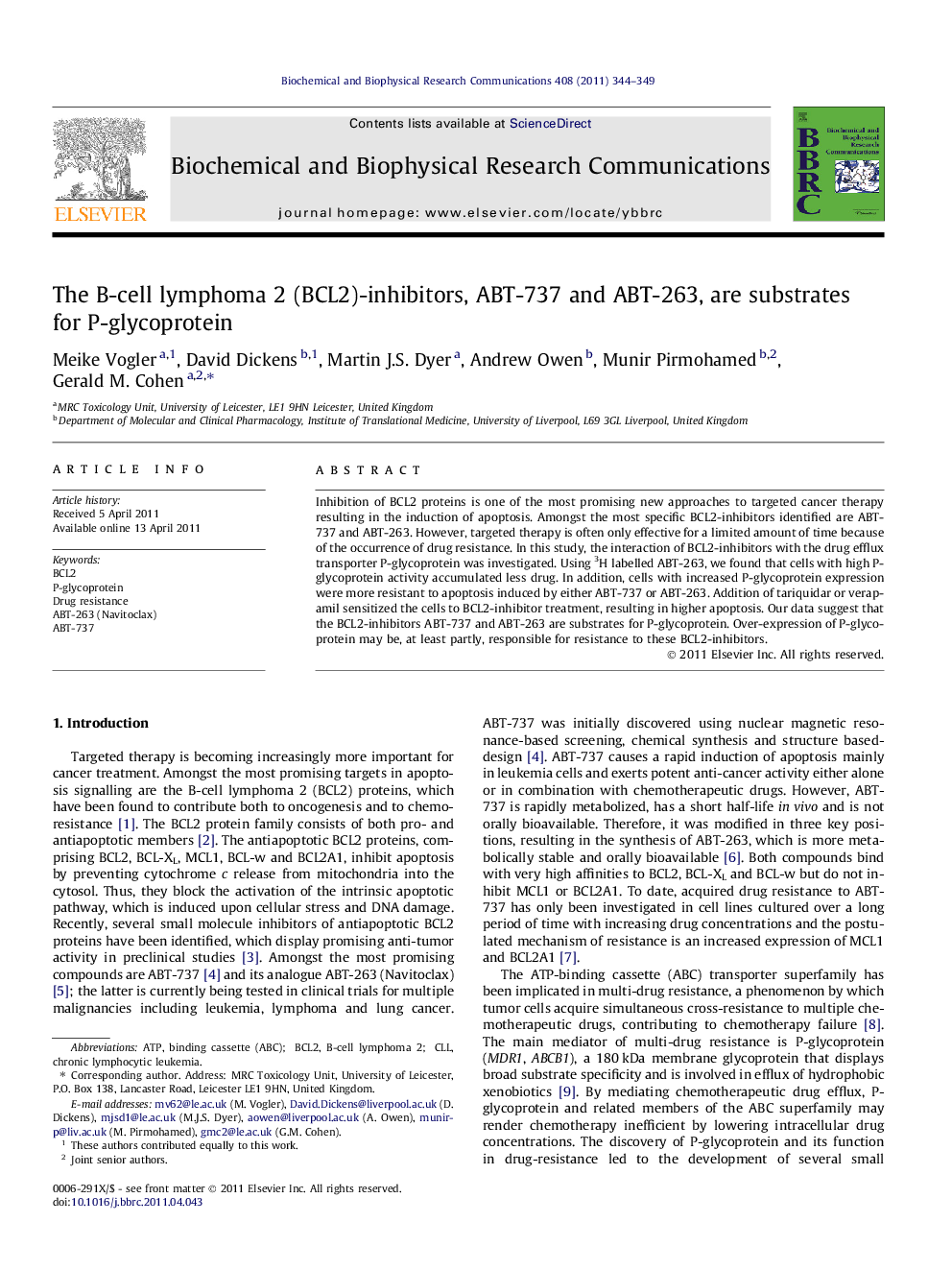 The B-cell lymphoma 2 (BCL2)-inhibitors, ABT-737 and ABT-263, are substrates for P-glycoprotein