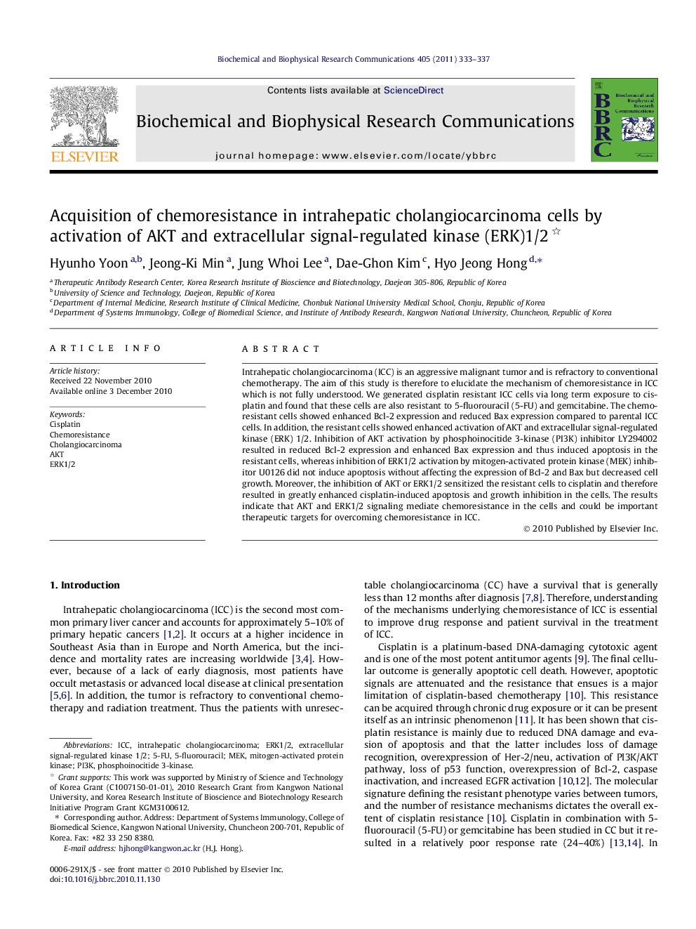 Acquisition of chemoresistance in intrahepatic cholangiocarcinoma cells by activation of AKT and extracellular signal-regulated kinase (ERK)1/2 