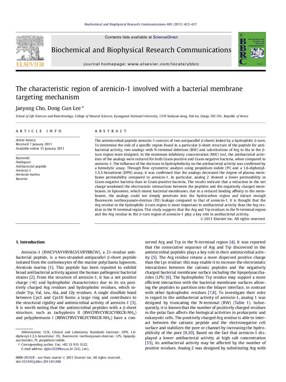 The characteristic region of arenicin-1 involved with a bacterial membrane targeting mechanism