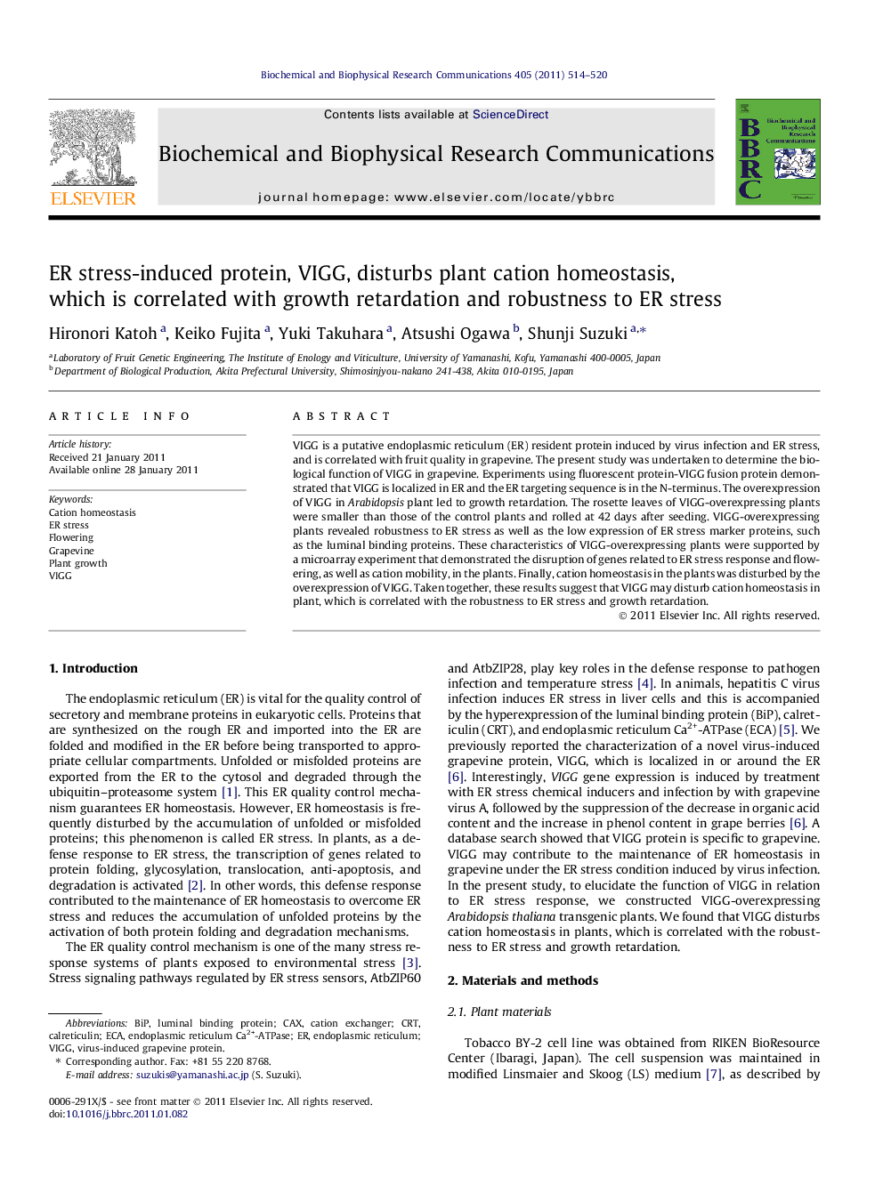 ER stress-induced protein, VIGG, disturbs plant cation homeostasis, which is correlated with growth retardation and robustness to ER stress