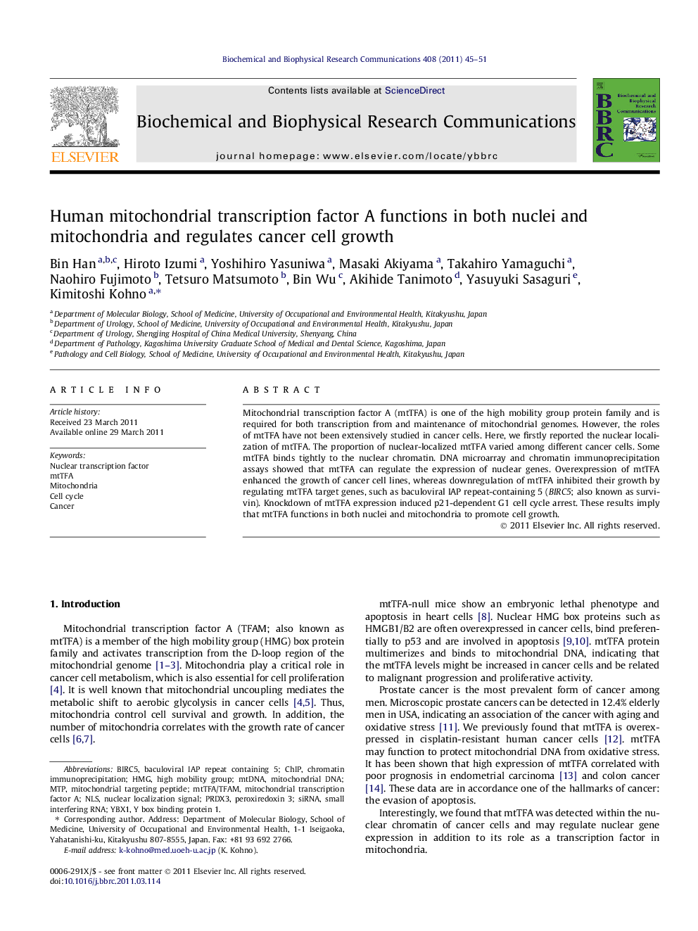 Human mitochondrial transcription factor A functions in both nuclei and mitochondria and regulates cancer cell growth