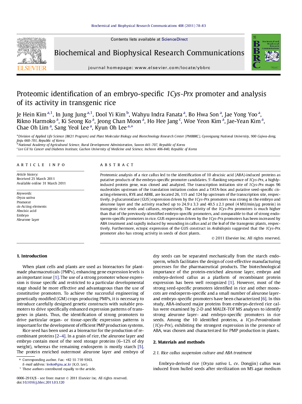 Proteomic identification of an embryo-specific 1Cys-Prx promoter and analysis of its activity in transgenic rice