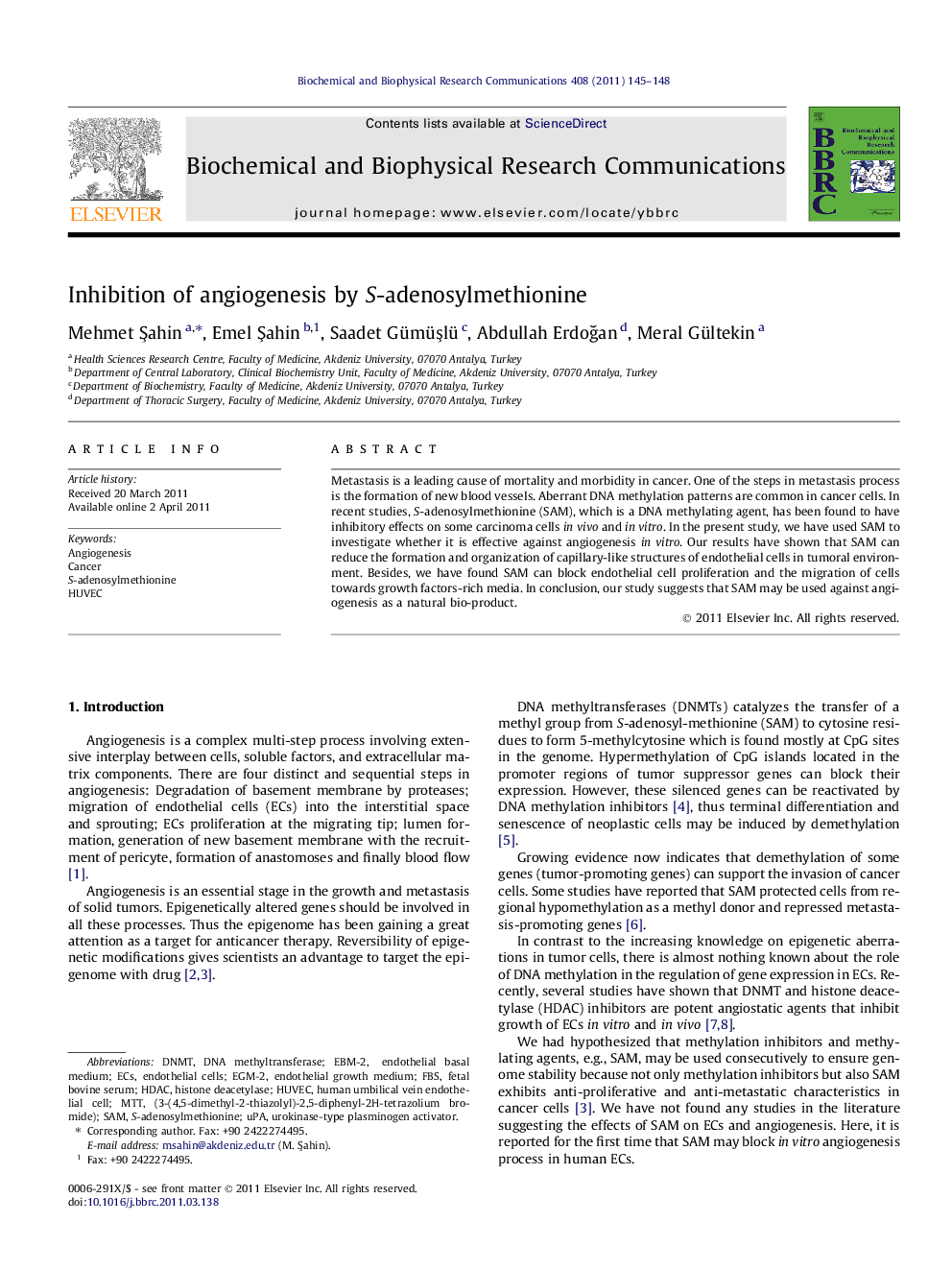 Inhibition of angiogenesis by S-adenosylmethionine