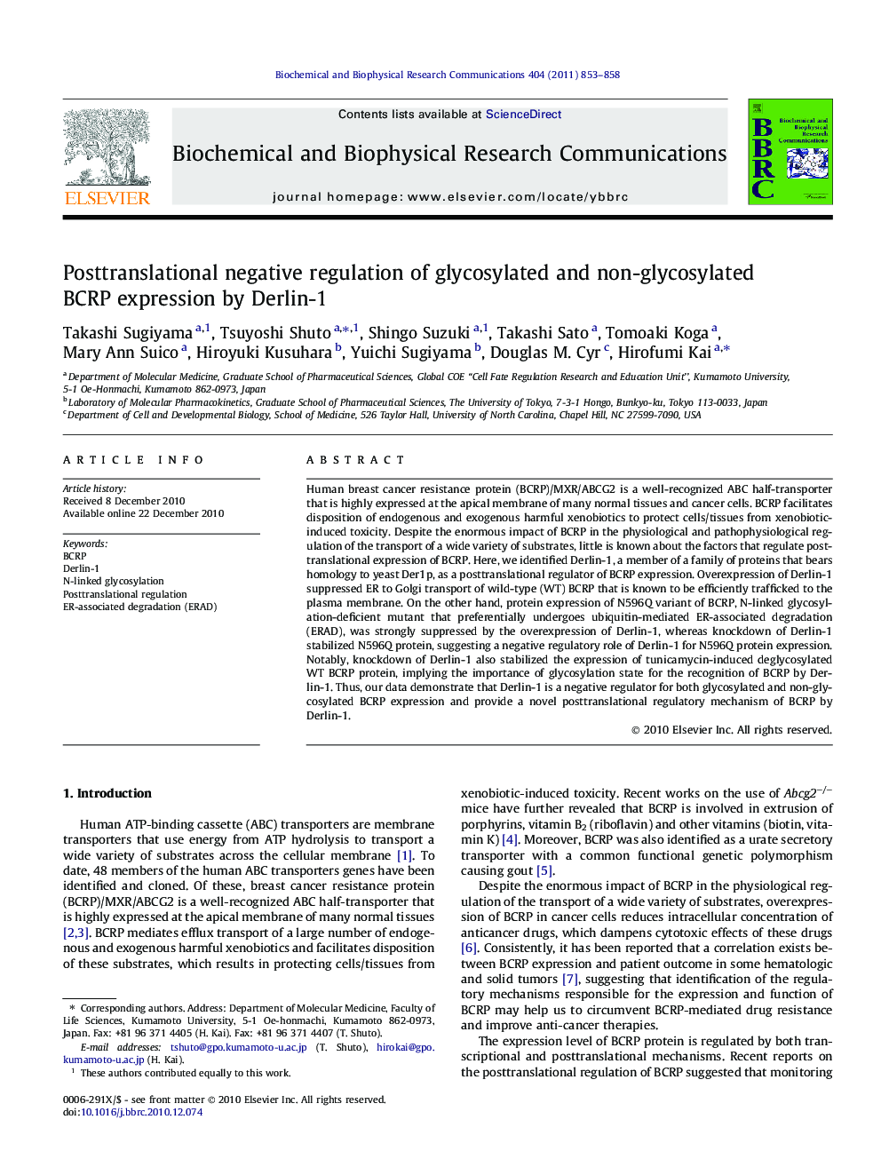 Posttranslational negative regulation of glycosylated and non-glycosylated BCRP expression by Derlin-1