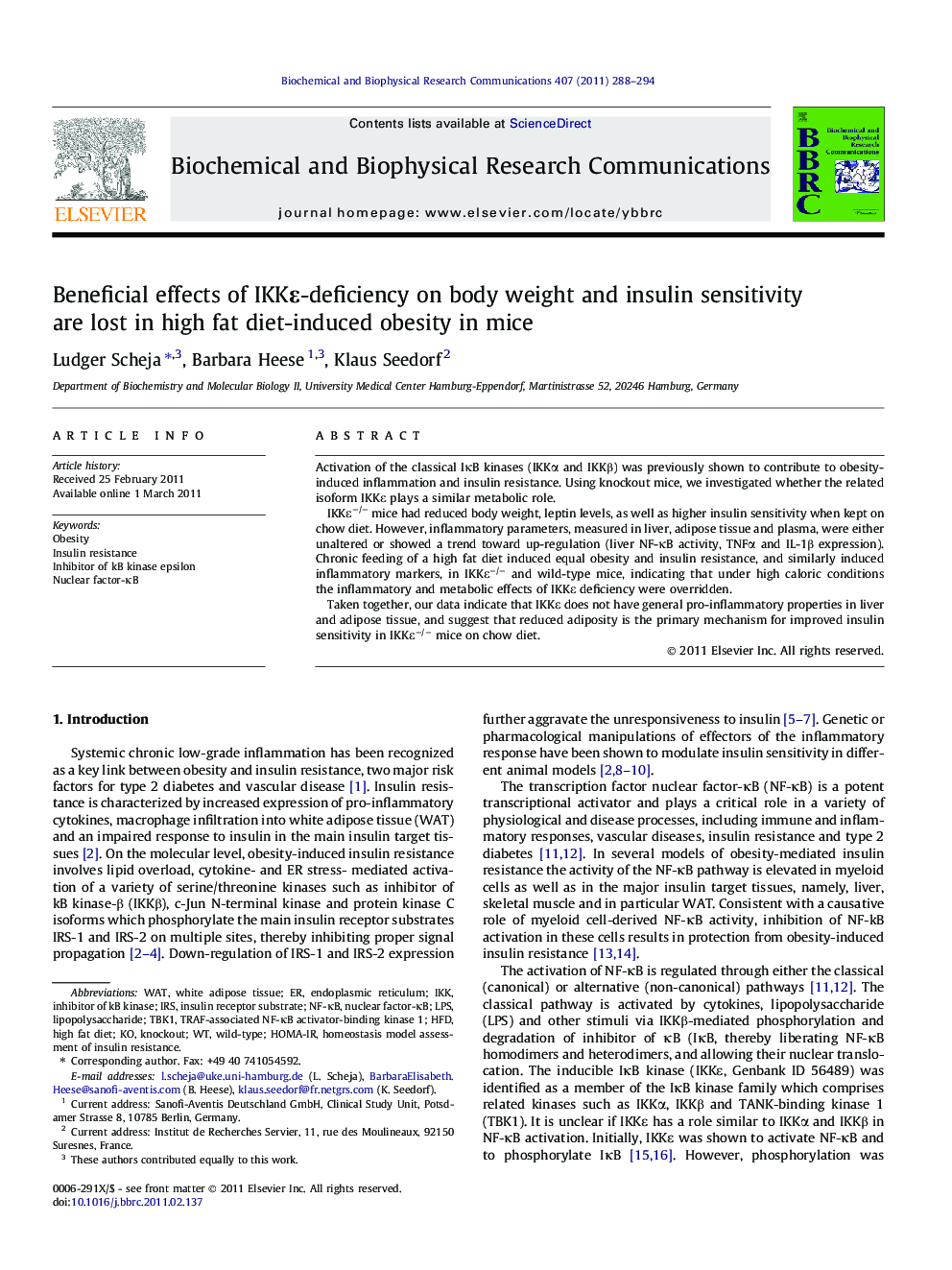 Beneficial effects of IKKε-deficiency on body weight and insulin sensitivity are lost in high fat diet-induced obesity in mice