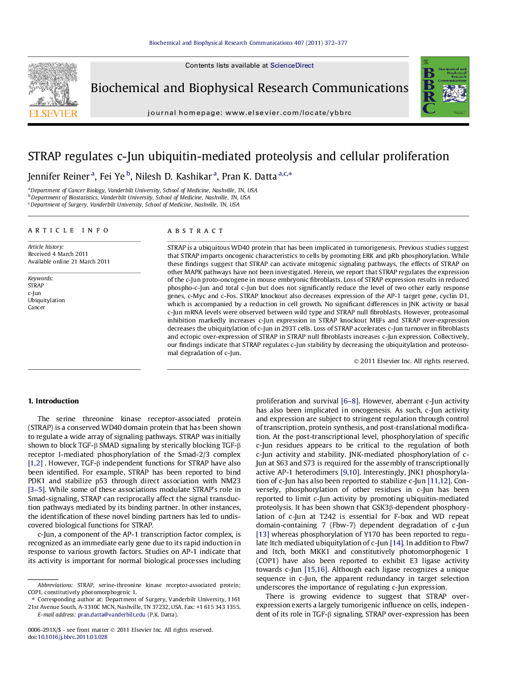 STRAP regulates c-Jun ubiquitin-mediated proteolysis and cellular proliferation