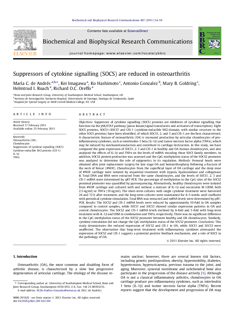 Suppressors of cytokine signalling (SOCS) are reduced in osteoarthritis