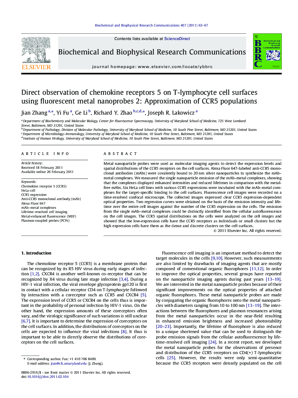 Direct observation of chemokine receptors 5 on T-lymphocyte cell surfaces using fluorescent metal nanoprobes 2: Approximation of CCR5 populations