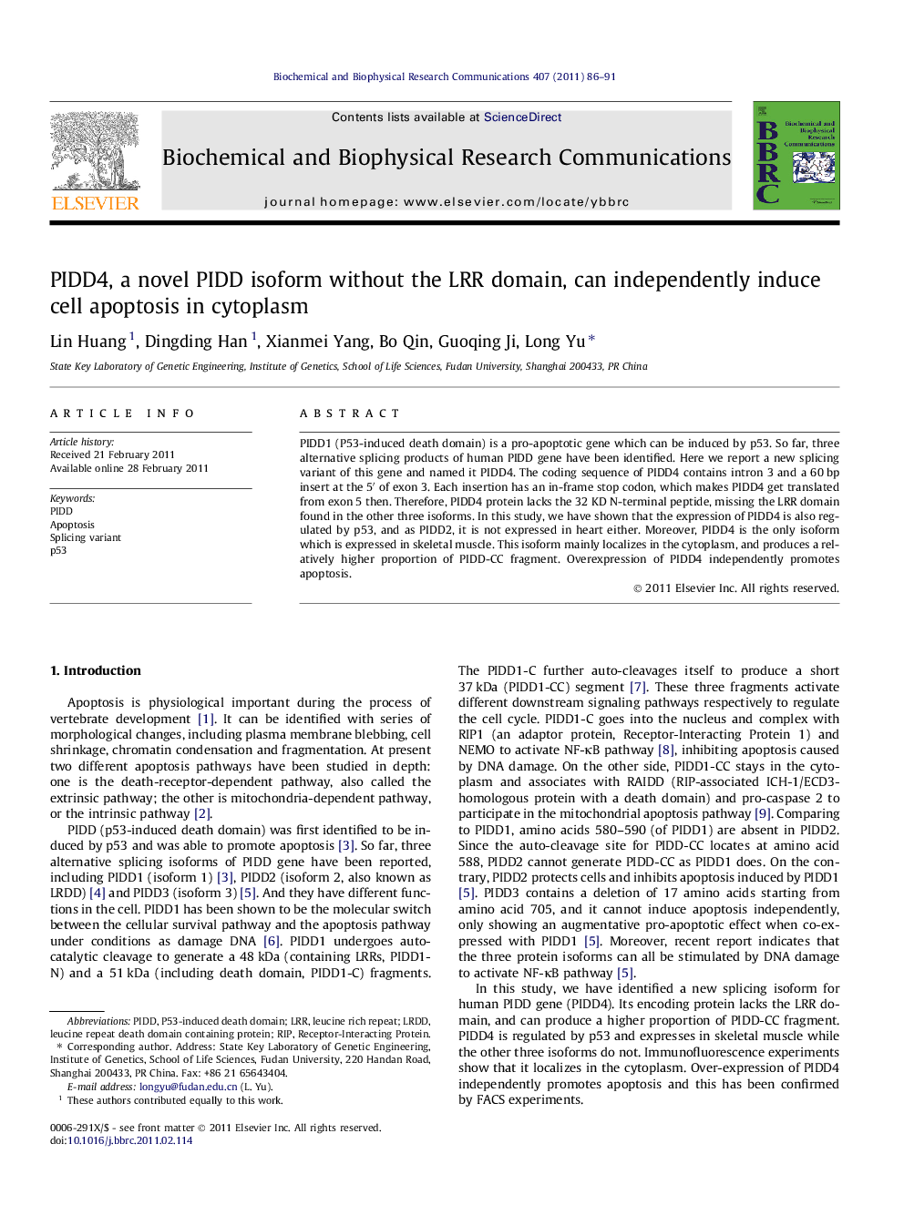 PIDD4, a novel PIDD isoform without the LRR domain, can independently induce cell apoptosis in cytoplasm