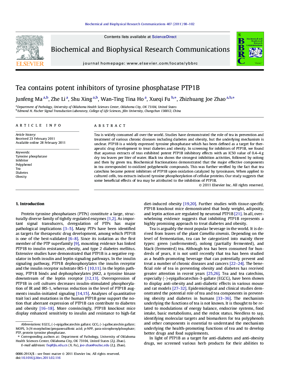 Tea contains potent inhibitors of tyrosine phosphatase PTP1B