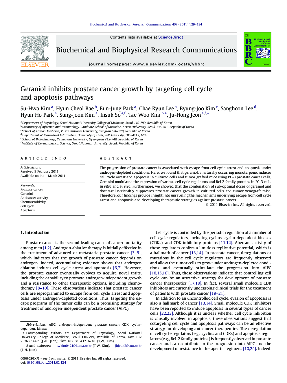 Geraniol inhibits prostate cancer growth by targeting cell cycle and apoptosis pathways