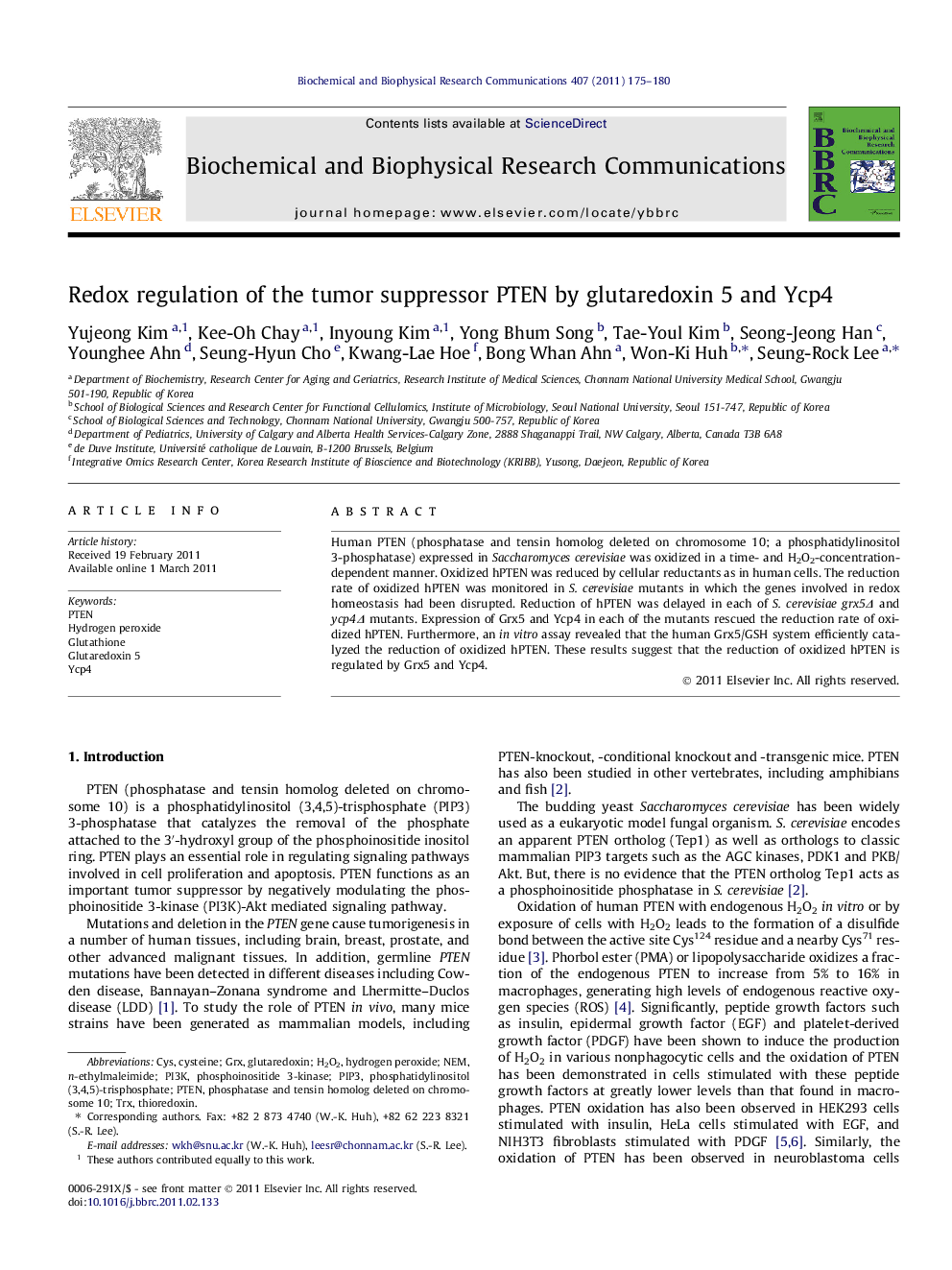 Redox regulation of the tumor suppressor PTEN by glutaredoxin 5 and Ycp4