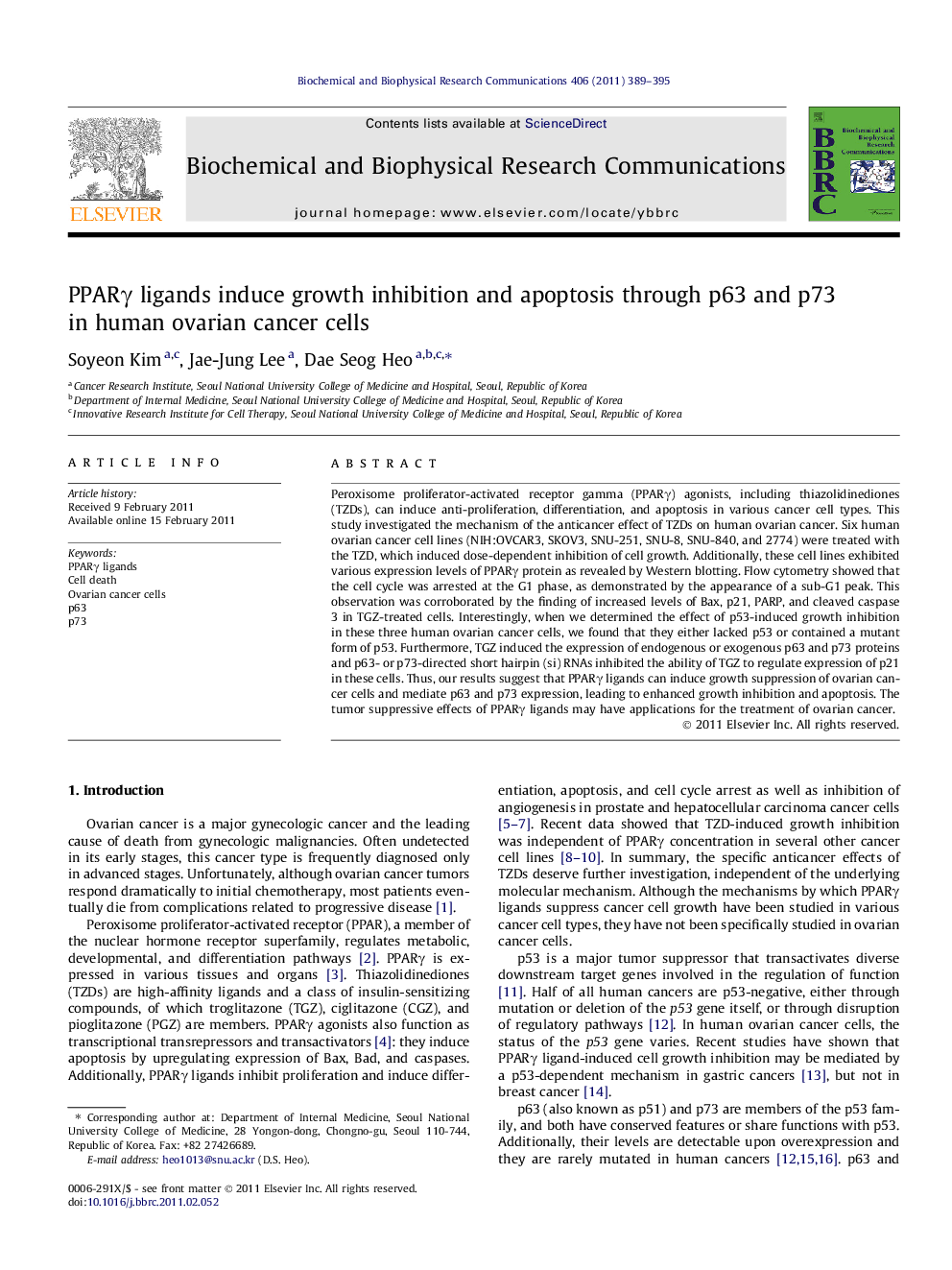 عکس صفحه اول مقاله: PPARγ ligands induce growth inhibition and apoptosis through p63 and p73 in human ovarian cancer cells PPARγ ligands induce growth inhibition and apoptosis through p63 and p73 in human ovarian cancer cells