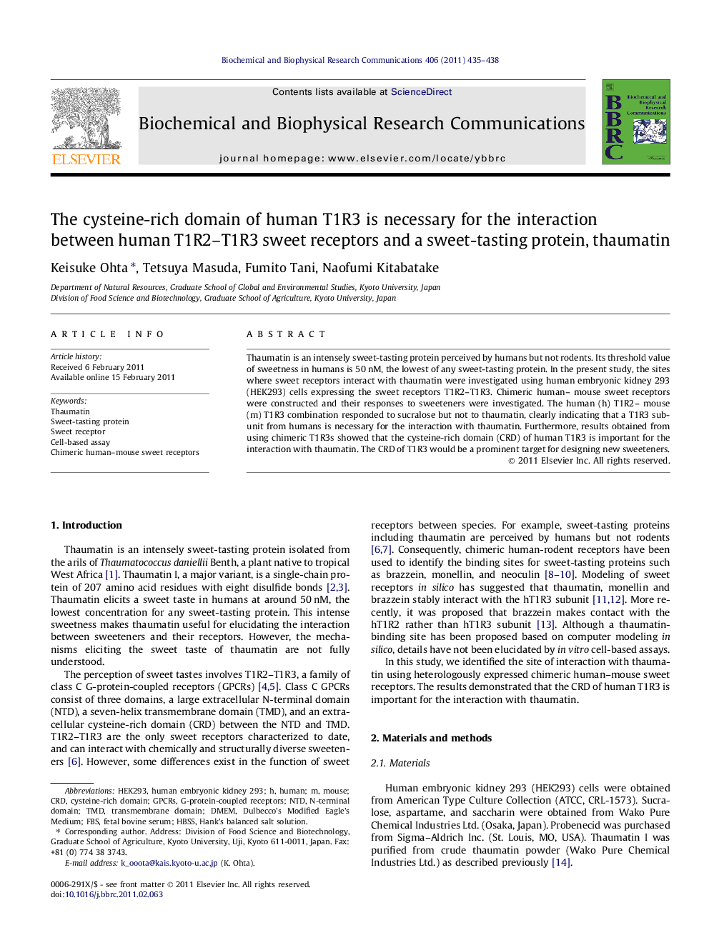 The cysteine-rich domain of human T1R3 is necessary for the interaction between human T1R2–T1R3 sweet receptors and a sweet-tasting protein, thaumatin