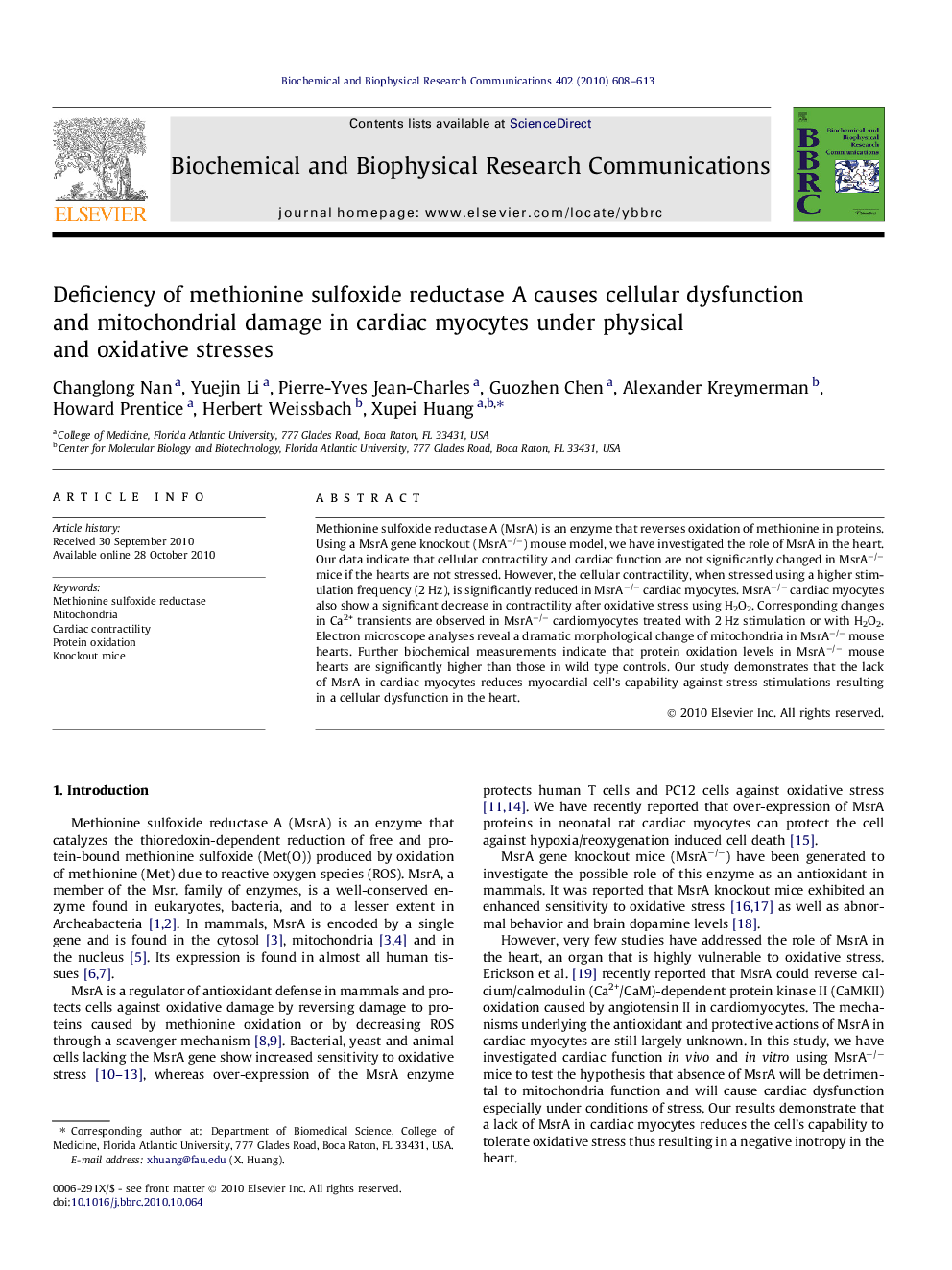 Deficiency of methionine sulfoxide reductase A causes cellular dysfunction and mitochondrial damage in cardiac myocytes under physical and oxidative stresses