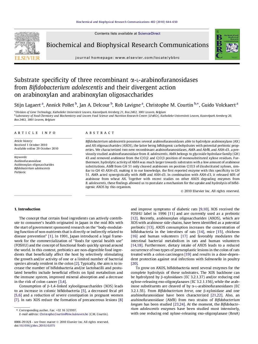 Substrate specificity of three recombinant α-l-arabinofuranosidases from Bifidobacterium adolescentis and their divergent action on arabinoxylan and arabinoxylan oligosaccharides
