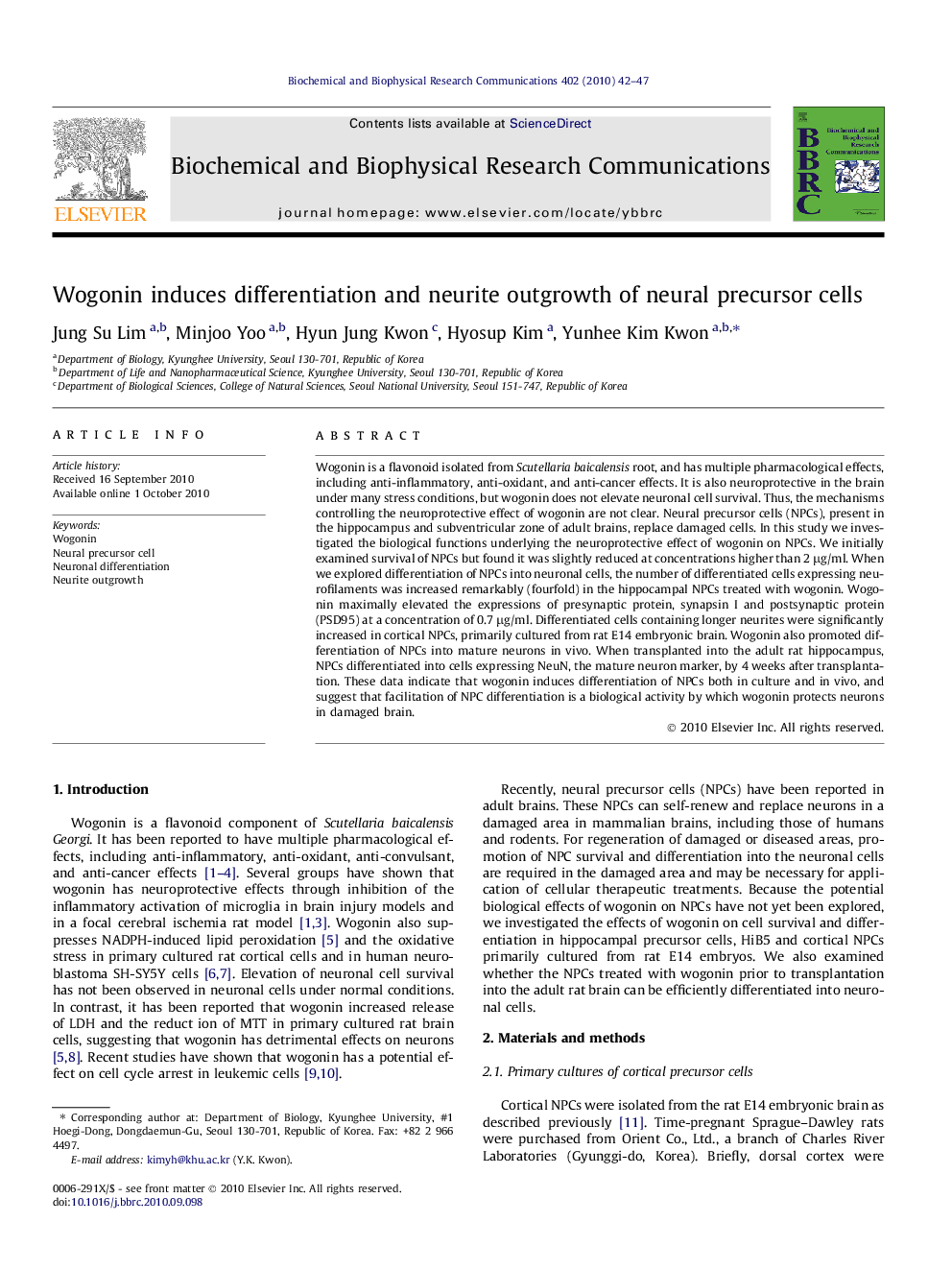 Wogonin induces differentiation and neurite outgrowth of neural precursor cells