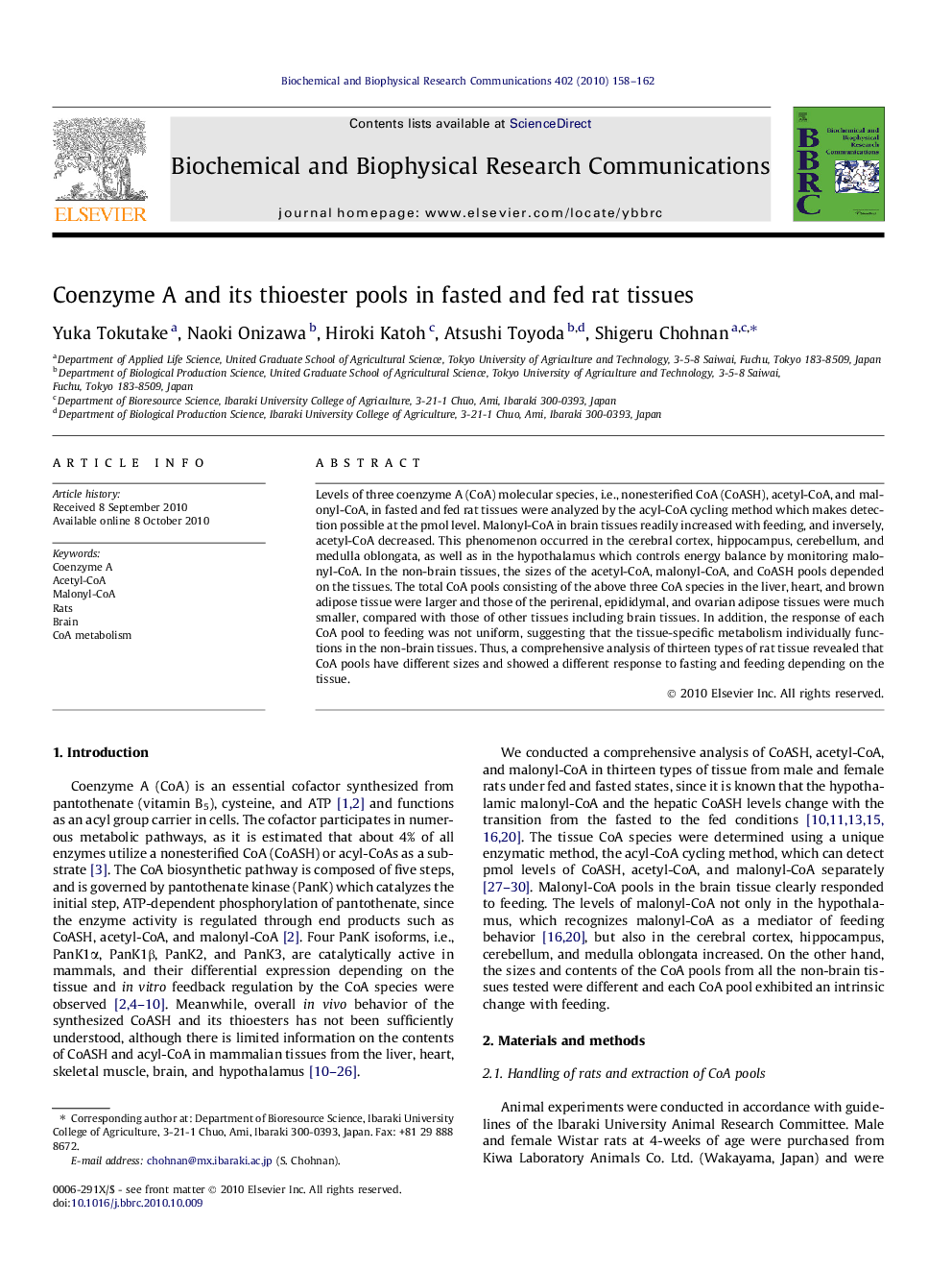 Coenzyme A and its thioester pools in fasted and fed rat tissues