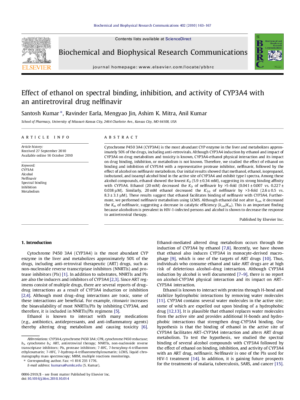 Effect of ethanol on spectral binding, inhibition, and activity of CYP3A4 with an antiretroviral drug nelfinavir