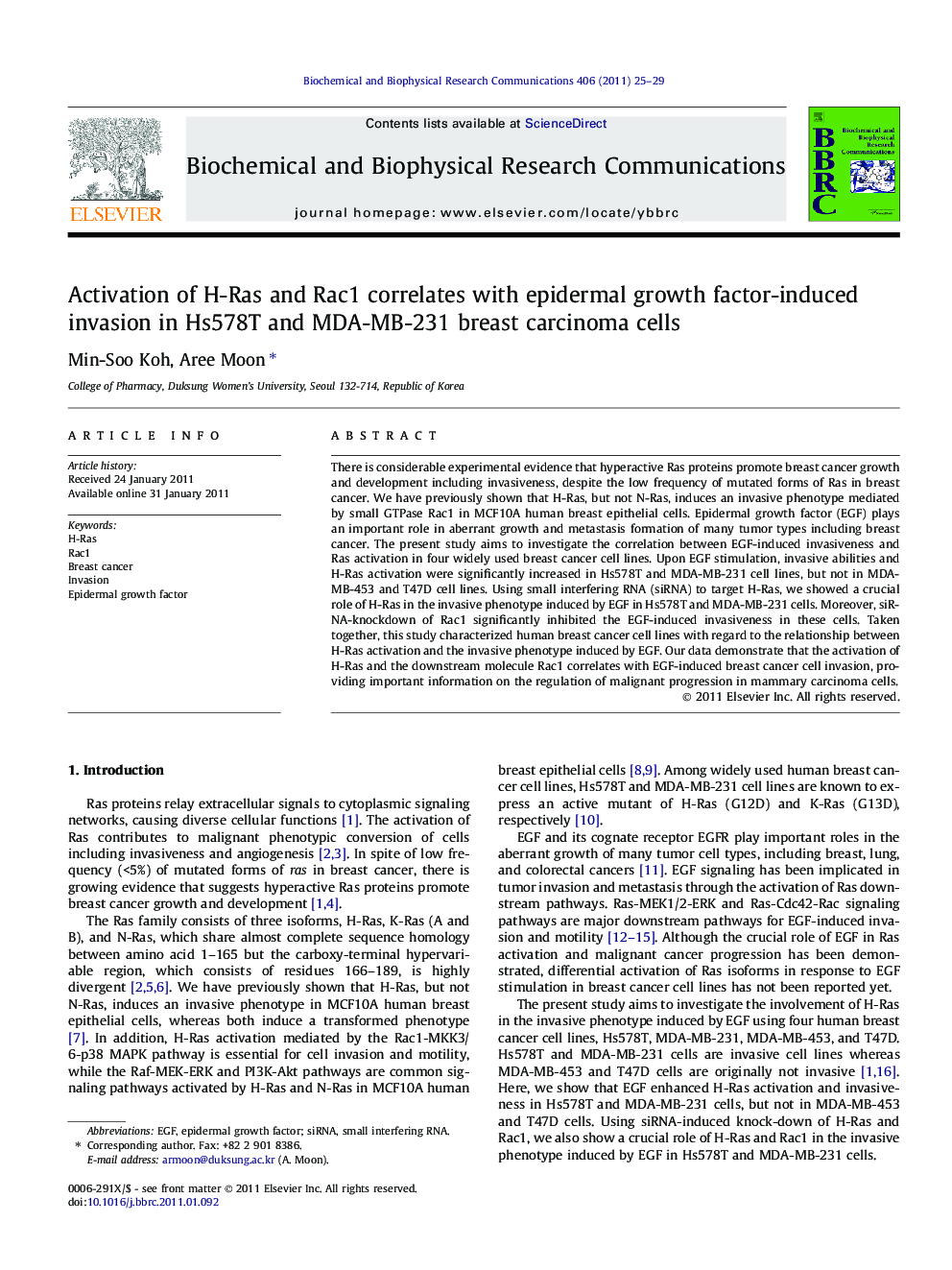 Activation of H-Ras and Rac1 correlates with epidermal growth factor-induced invasion in Hs578T and MDA-MB-231 breast carcinoma cells