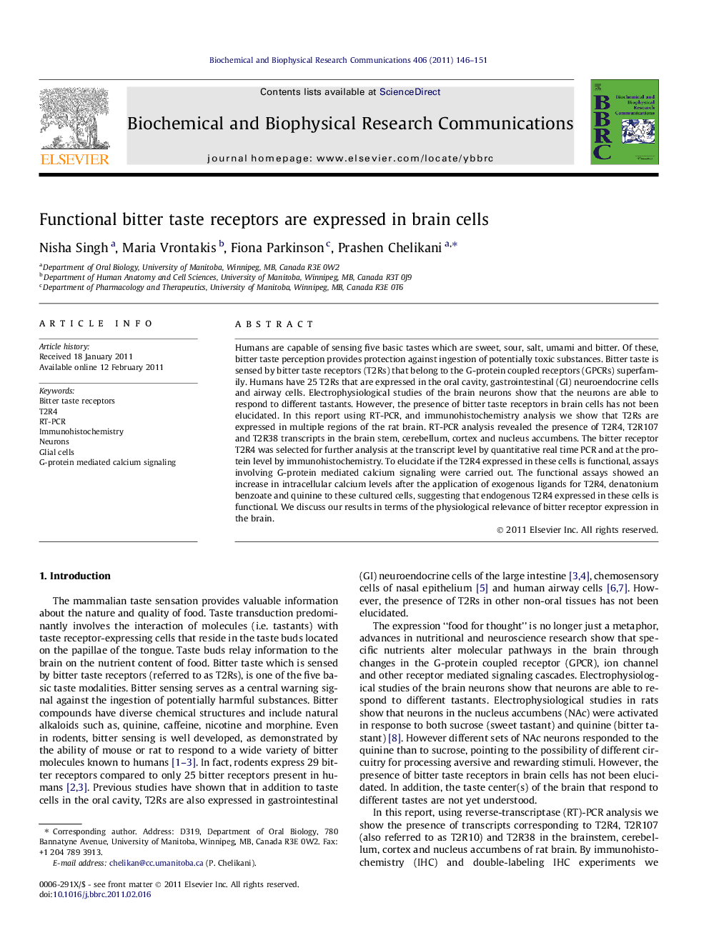 عکس صفحه اول مقاله: Functional bitter taste receptors are expressed in brain cells Functional bitter taste receptors are expressed in brain cells