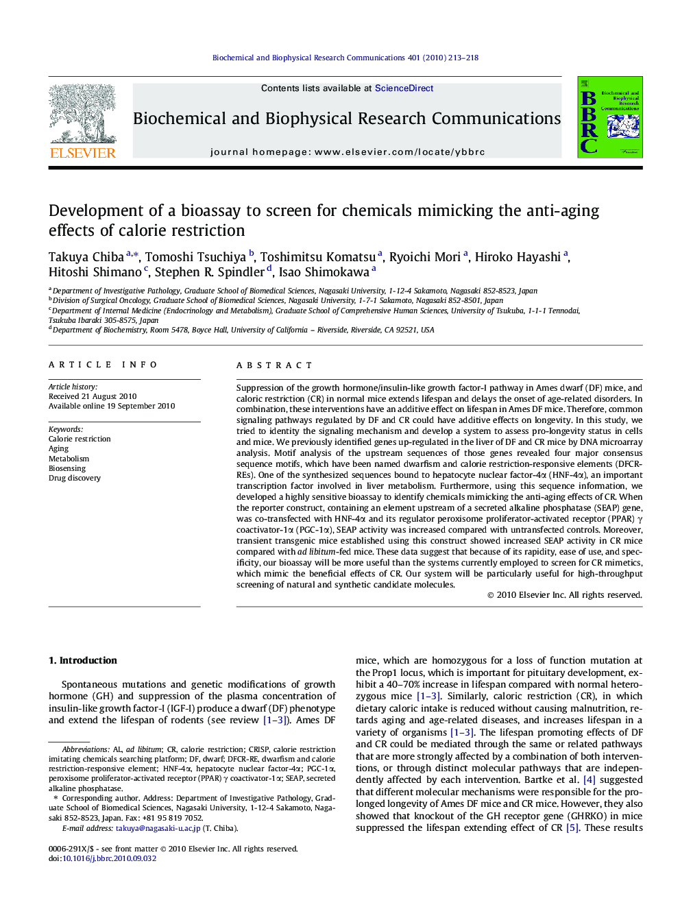 Development of a bioassay to screen for chemicals mimicking the anti-aging effects of calorie restriction