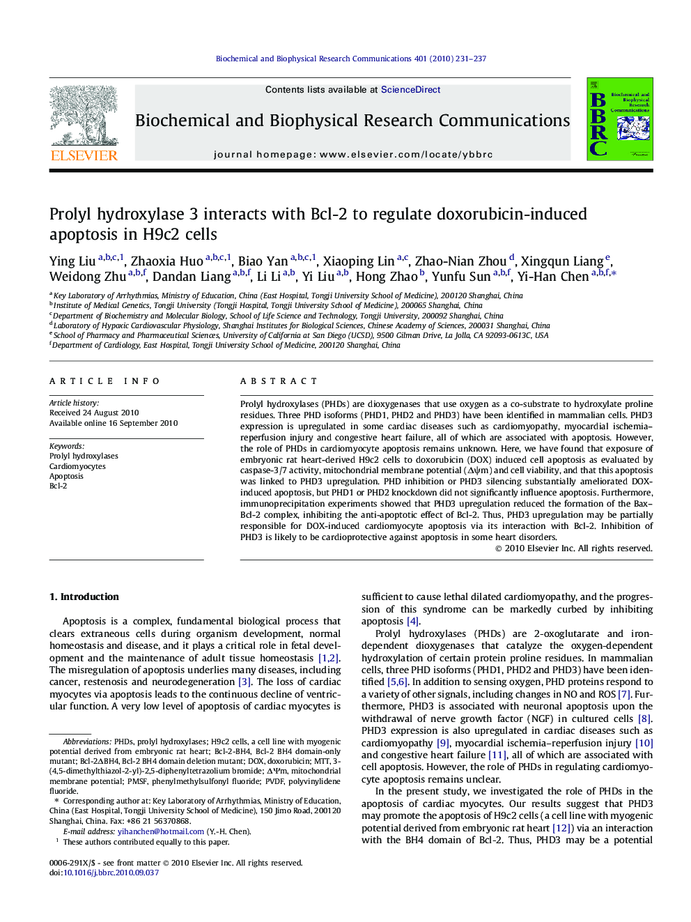 Prolyl hydroxylase 3 interacts with Bcl-2 to regulate doxorubicin-induced apoptosis in H9c2 cells