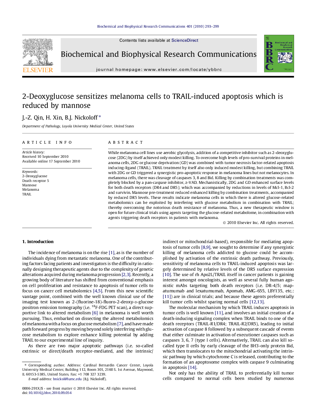 2-Deoxyglucose sensitizes melanoma cells to TRAIL-induced apoptosis which is reduced by mannose