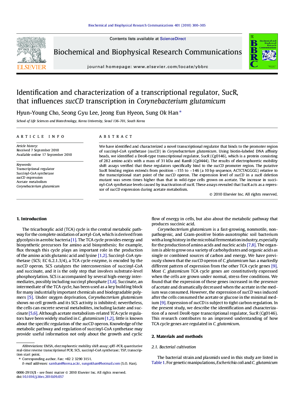 Identification and characterization of a transcriptional regulator, SucR, that influences sucCD transcription in Corynebacterium glutamicum