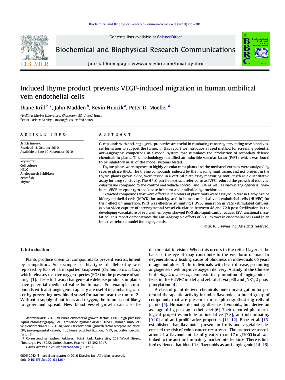 Induced thyme product prevents VEGF-induced migration in human umbilical vein endothelial cells