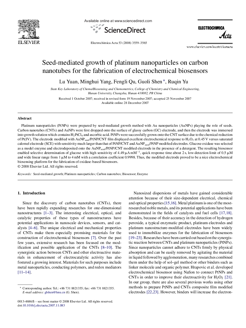 Seed-mediated growth of platinum nanoparticles on carbon nanotubes for the fabrication of electrochemical biosensors