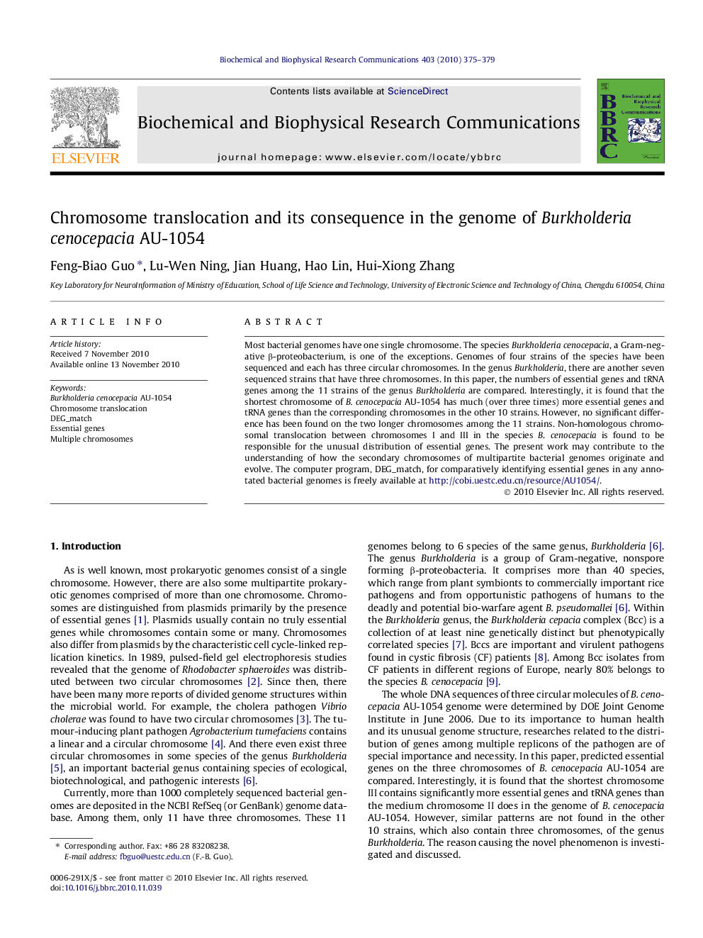 Chromosome translocation and its consequence in the genome of Burkholderia cenocepacia AU-1054