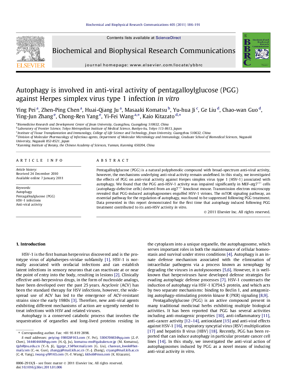 Autophagy is involved in anti-viral activity of pentagalloylglucose (PGG) against Herpes simplex virus type 1 infection in vitro