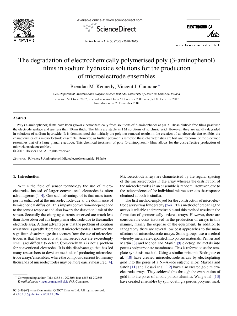 The degradation of electrochemically polymerised poly (3-aminophenol) films in sodium hydroxide solutions for the production of microelectrode ensembles