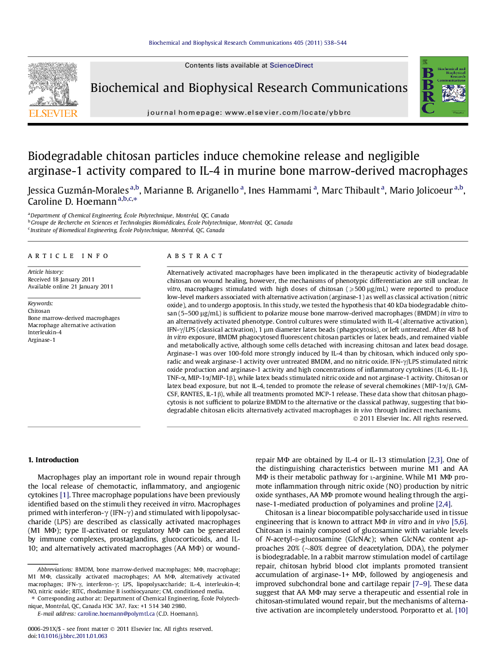 Biodegradable chitosan particles induce chemokine release and negligible arginase-1 activity compared to IL-4 in murine bone marrow-derived macrophages