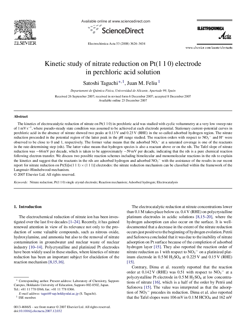 Kinetic study of nitrate reduction on Pt(1 1 0) electrode in perchloric acid solution