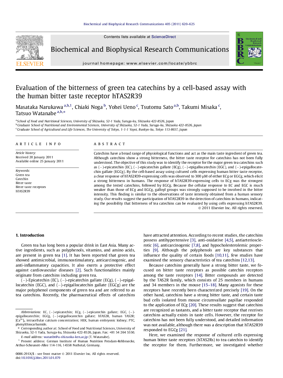 Evaluation of the bitterness of green tea catechins by a cell-based assay with the human bitter taste receptor hTAS2R39